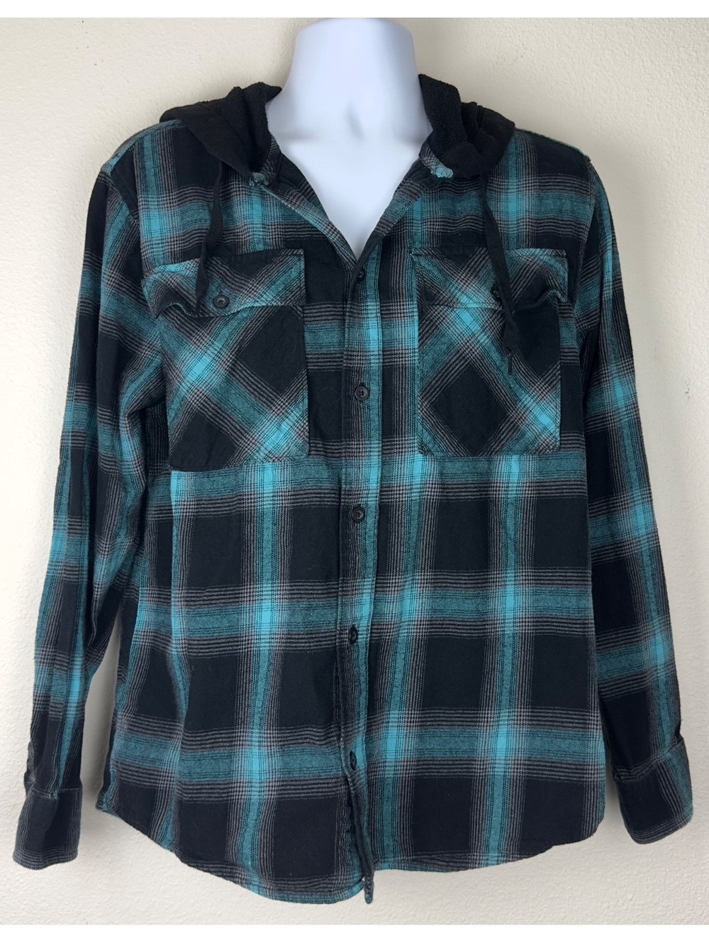 No Boundaries Mens M Hooded Flannel Shirt Black Teal Plaid Button Up Grunge